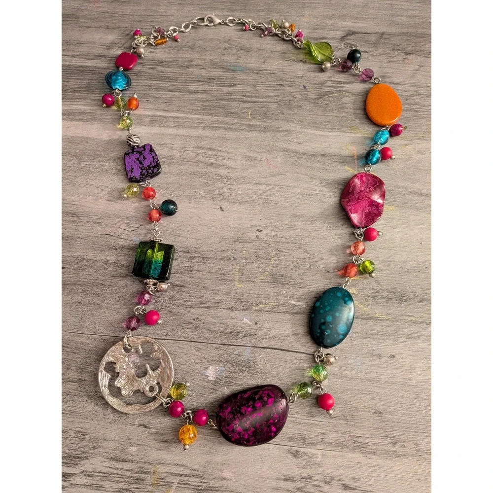 Boho Multi Color Mixed Media Bead Statement Necklace Silver Tone Enamel Pendant